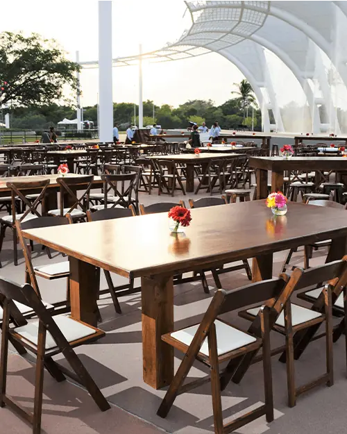rectangular wooden banquet table